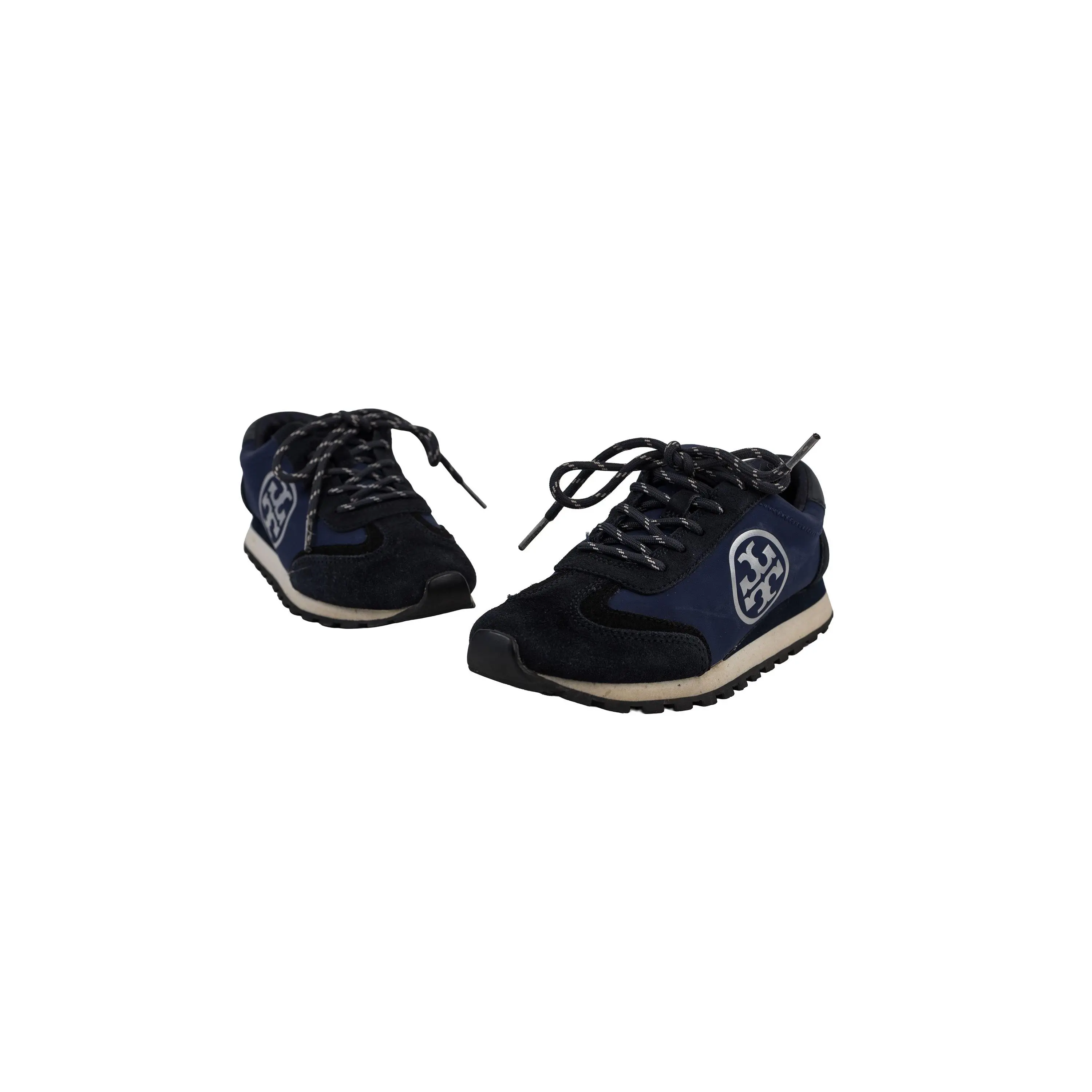 Tory Burch Navy Blue Black Suede Textile Logo Lace-Up Sneakers Size 5.5