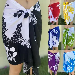 Hawaiian Hibiscus Plumeria Pareo Wrap White Half Cut Sarong Skirt Wrap with Floral Design for Women's Fashion