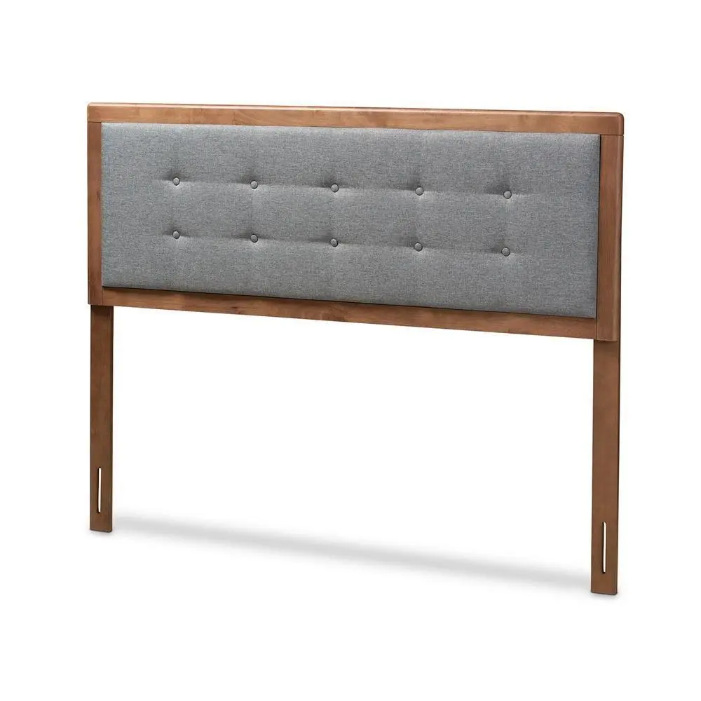 Sarine Mid-Century Modern Dark Grey Fabric Upholstered Walnut Brown Finished Wood Full Size Headboard
