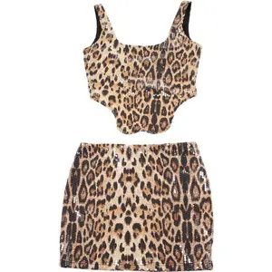Sexy slight stretch leopard sequin vest & mini skirt set Clothes Womenswear two piece