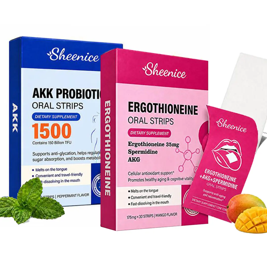 Sheenice Dual-Action Combo: Ergothioneine (35mg) + AKG + Spermidine Antioxidant Fast Dissolving Strips, Plus 15 Billion CFU AKK Probiotic Fast Dissolving Strips; Mango and Peppermint Flavors (30 Strips of Each, 60 Strips Total)