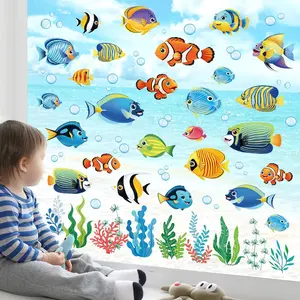 Summer Under The Sea Fish Double Sided Window Clings Ocean Animal Tropical Fish Seaweed Anti-Collision Glass Door Window Stickers Decals