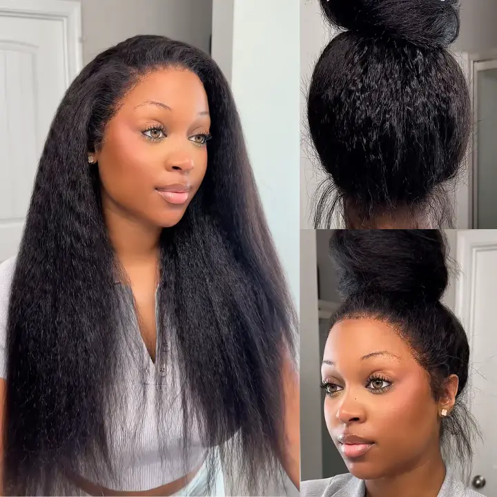 #summerwins KissLove Hair 360 Glueless Human Hair Wig Kinky Straight 250% Density 360 Invisible Strap Lace Frontal Wigs With Newborn Hairline Pre Bleached Yaki Straight 360 Wig Can Do Ponytail With Drawstring