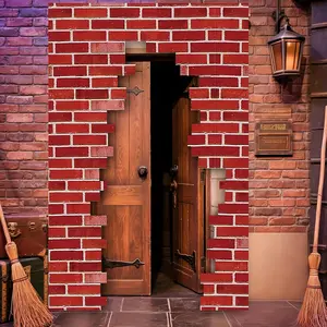 2D Flat Banner Decorative Banner Wizards Door Banner Signs 78.7" x 47.2" Magical Wizard Door Banner Sign Red Brick Wall Backdrop Decorations Halloween Hanging Porch Backdrop for Halloween Birthday Party Supplies, Yard Sign Banner(Classic)