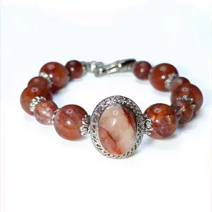 Fire Quartz Memory Wire Bracelet with Red Beads and Ornate Silver accents, size 7.25 inches