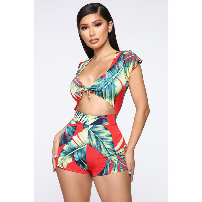 Waist No Time Tropical Romper - Red/combo