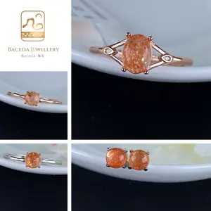 Baceda Oval Shape S925 Sunstone Adjustable Band Ring and Stud Earrings and Pendant