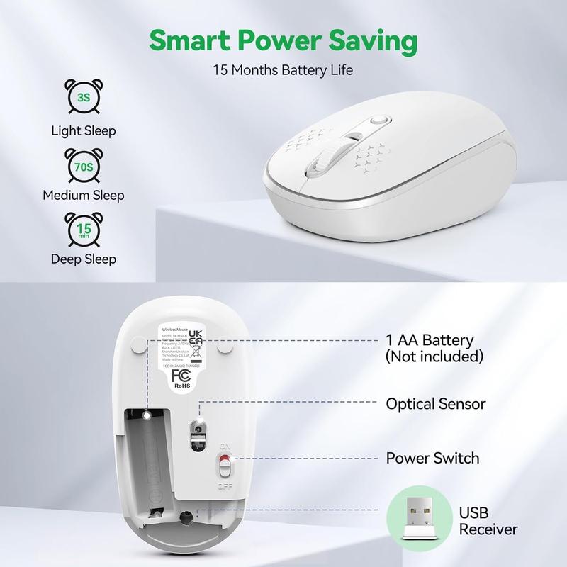 for Laptop, 2.4G Quiet Computer  with USB Receiver, 4 Buttons Portable Cordless Mice for Chromebook, Laptop, PC, , 800/1200/1600 DPI - White