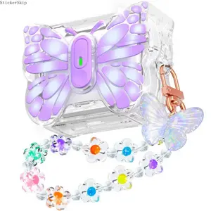 2026 New Purple Butterfly Wings AirPods Pro Case, Translucent Pink Soft TPU Protective Cover with Built-in Stand & Wrist Hook, Shockproof Anti-drop Earbud Shell Compatible with AirPods Pro / Pro 2, Stylish Portable Fashion Accessory Ideal Gift for Women &
