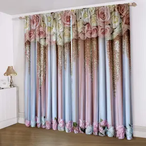 Floral Pattern Curtain, 2 Counts Romantic Colorful Rose Pattern Curtain, Home Decor for Living Room Bedroom Study Room