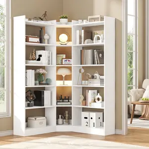 6 Tiers Corner Bookshelf, 63.1" Tall Modern Corner Etagere Bookcase Storage Display Rack Book Shelf with Baffle, Industrial L Shaped Bookshelves for Bedroom, Home Office, Living Room