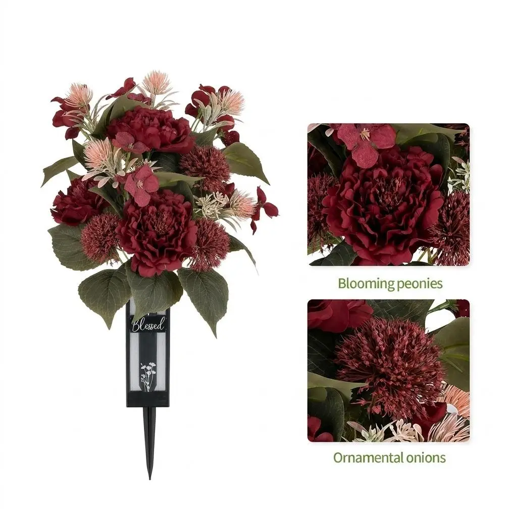 Artificial Fall Cemetery Flowers for Grave, Red Peony Memorial Flower Bouquets with Vase for Autumn Gravesite Decorations and Outdoor Tribute