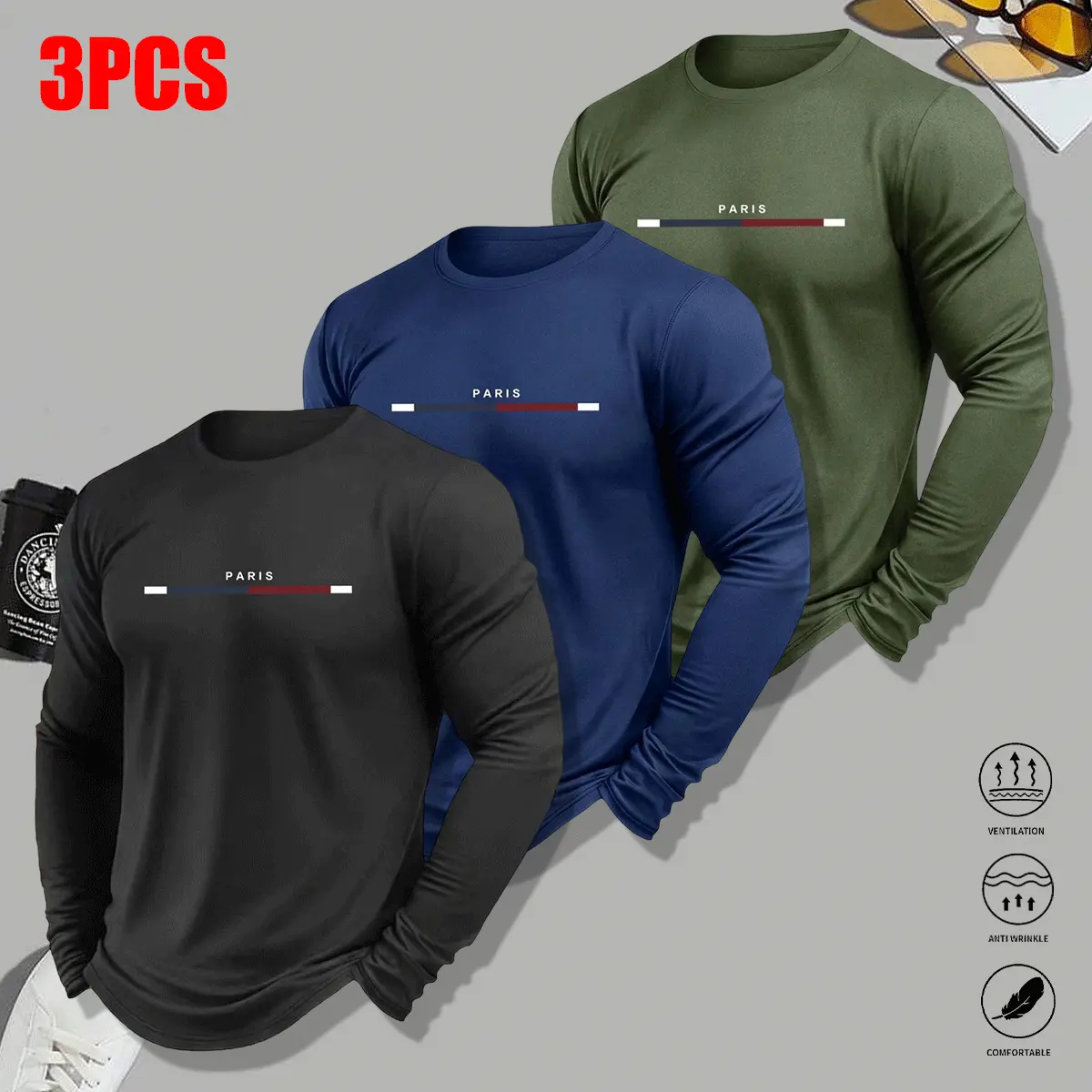 3-pack men’s solid-color casual long-sleeve tops, lightweight and comfortable crewneck long-sleeve T-shirts with a simple, relaxed design—suitable for everyday wear and outdoor activities.