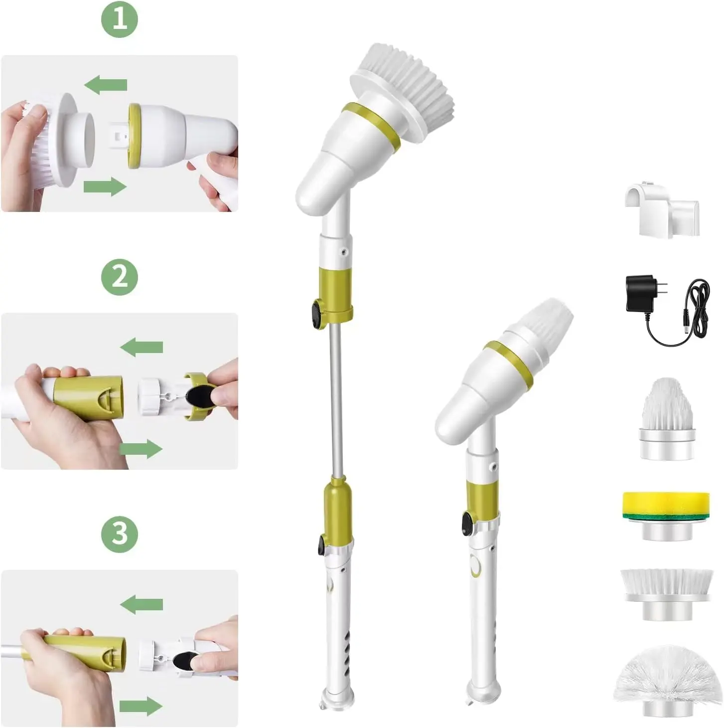 Electric Spin Scrubber K-128 Pro, Cordless Household Cleaning Brush with Adjustable Extension Arm, 4 Replacement Brush Head, Power Shower Sc