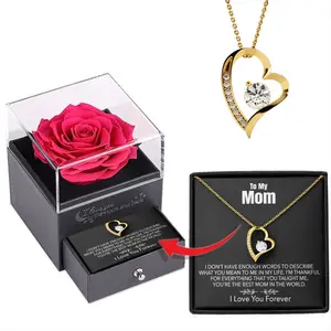 【Mother’s Day】 Exquisite Rose Gift Box with Love Heart Pendant Necklace Gift for Mom, Wife, Soulmate, Daughter. Birthday Gift, with Message Card