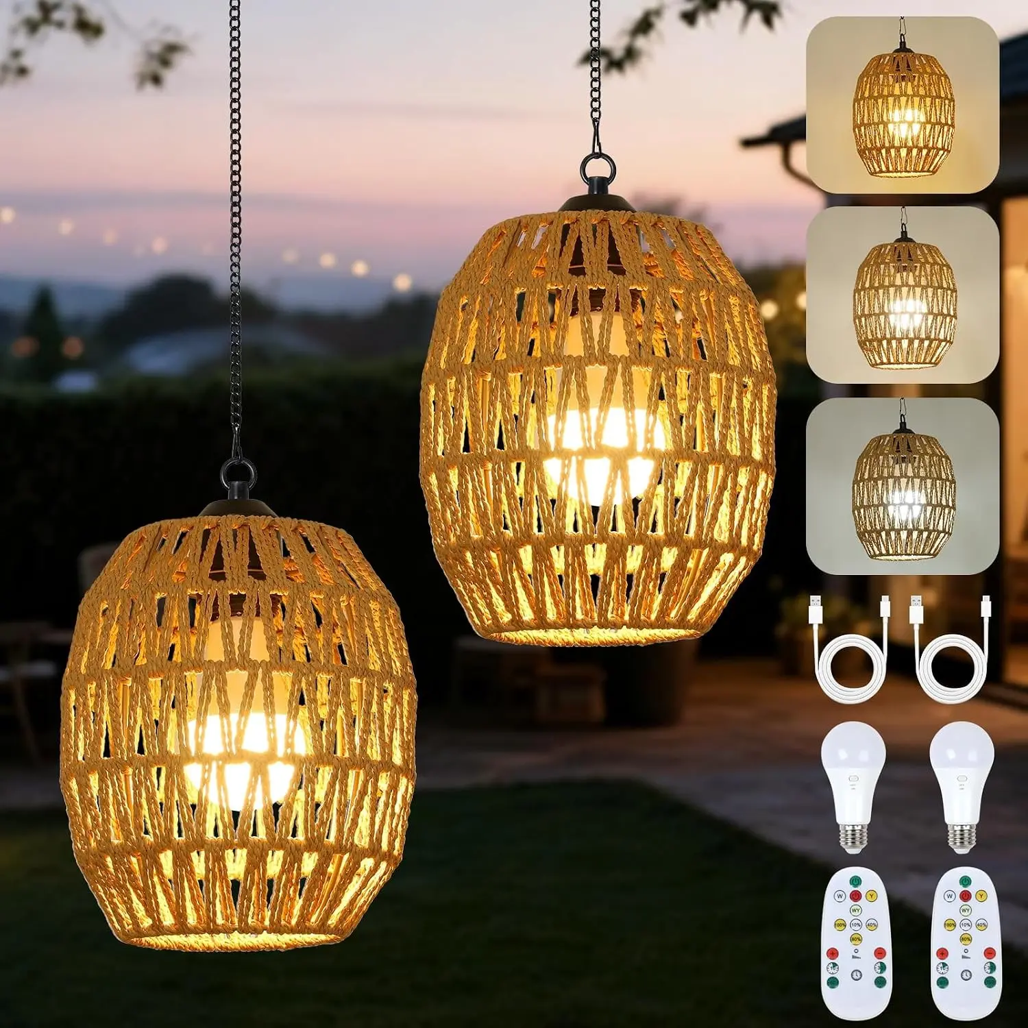 2-Pack Battery Operated Outdoor Chandelier For Gazebo, Boho Rechargeable Chandelier For Porch With Remote, Battery Powered Pendant Light Set of 2, Cordless Hanging Light For Indoor Outdoor Patio