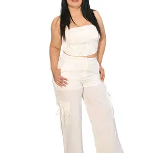White Floral Crop Top & Cargo Pants Two Piece Set for Women - Stylish & Comfortable Outfit