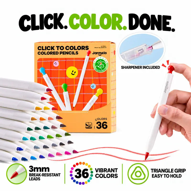 Jar Melo Click Mechanical Colored Pencils - Art Supplies for Kids Ages 3+, 3mm Break-Resistant Retractable Leads, Anti-Roll Design Grip, Smooth Layering, No Sharpening, Erasable No-Mess, Prevents Damage, Fosters Confidence, Back to School Classroom Prizes