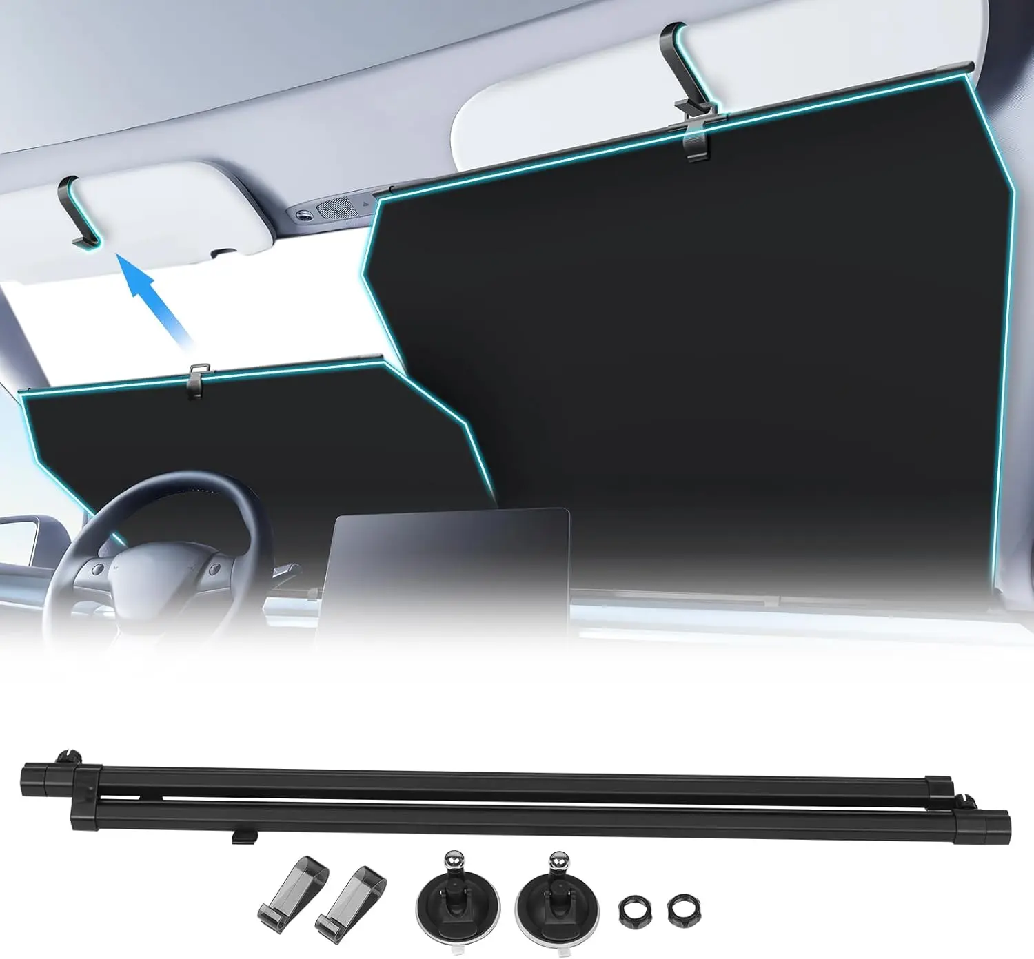 KUST 2026 Fast Retracting Automatic Car Windshield Sun Shade - Car Accessories, UV & Heat Protection, Adjustable Universal Fit for Trucks, SUVs (Not for High Curve, Ideal for Long-Distance Driving, Camping)
