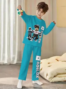 2-Piece Boys' Digital Printed Pajama Set, Cartoon Print Sleepwear, with Skateboard Boy Character Print, Long-Sleeve Top and Long Pants Made of Flame-Retardant Fabric, loungewear set, perfect for sleeping and home leisure, 100% polyeste