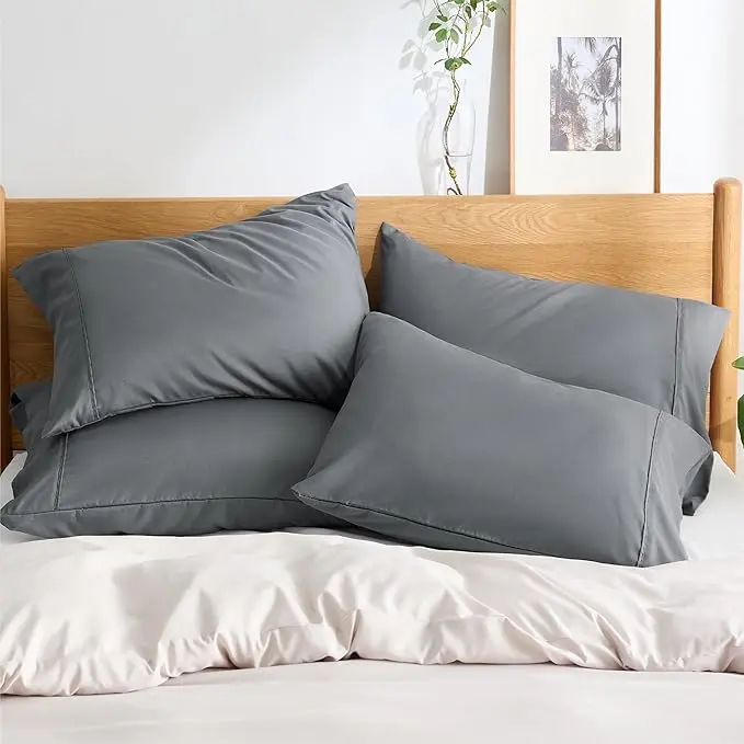 Navy Blue & Silver Solid Microfibre Embroidered Pillowcase Pack (2 or 4 Count) - Standard Size, Ultra Soft, Skin-Friendly, Anti-Allergic, Wrinkle Resistant, Breathable, Cooling, Machine Washable, Durable Bedding Accessories