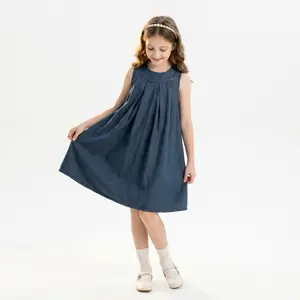 #SummerVibes Girls’ Dark Wash Denim Tank Dress — Sleeveless Pleated A-Line Denim Dress for Teens Ages 7–16 Vintage Distressed Blue American Retro Style Casual Versatile Campus Everyday Wear