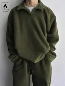 Unisex Casual Street Style Fleece Set, Vintage Collared Top + Wide Leg Pants, Warm Plush Fabric, Comfortable Home Wear, Fall Winter Fashion