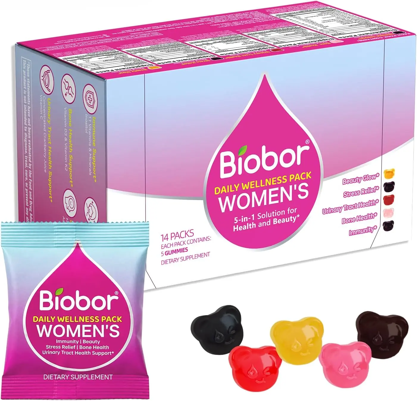 Biobor+Women’s+5-in-1+Chewable+Daily+Nutrition+Gummies+Pack+(30++Women,+14-Day+Supply)+with+Biotin,+Collagen,+Magnesium,+Ashwagandha,+Cranberry,+Vitamin+C,+D3-K2+-+Skin,+Mood,+Immune,+Bone+Support+(Raspberry+Flavor)