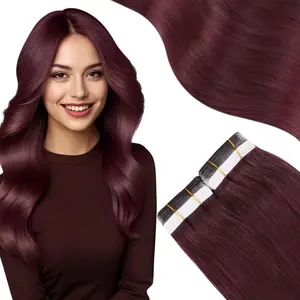 Fashionable New Human Hair Extensions Wine Red 99J Tape in Hair Extensions Human Hair Tape in Extensions Invisible Human Hair Extension Tape ins Burgundy Seamless Skin Weft Hair 1.06 oz 20pcs Remy