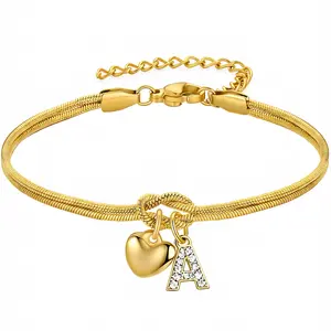 Gold Plated Initial Bracelet, Adjustable Knot Snake Chain Bracelet with Cubic Zirconia Letter A-Z and Heart Charm, Dainty Personalized Jewelry for Women, Ideal Gift for Birthday and Daily Wear