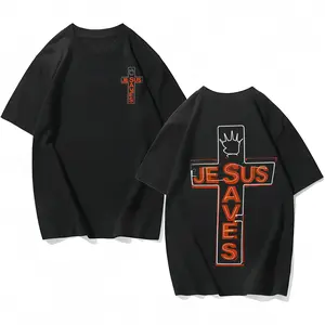 Double-sided washed Jesus saves print T-shirt, high-quality batik cotton vintage street style regular round neck, all-season casual wear, machine washable, adult holiday gift