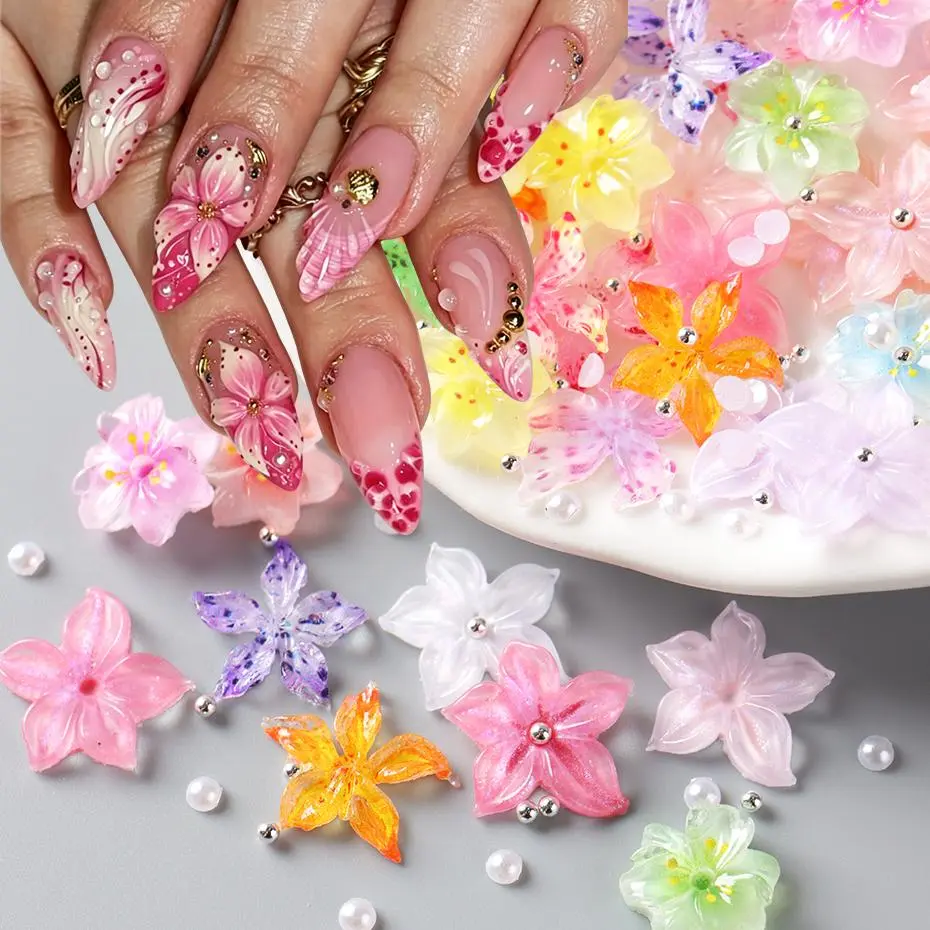 30/50pcs Colorful Blooming Flowers Nail Charms Resin Camellias Hibiscus Sakura With Pearl Summer Japanese Style Nail Decorations