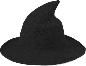 Women's Halloween Witch Hat - Wool Knitted Wide Brim Foldable Pointed Hat for Cosplay and Parties