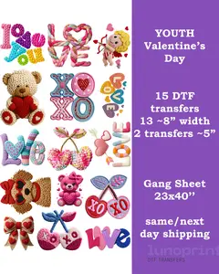 Toddler/Youth Valentine's Day DTF Transfers Gang Sheet. 18 Designs 6 Inches Width for toddler. 15 Designs 8 Inches Width for Youth. Ready To Press for Cotton Polyester & Blends Handmade Gifts DIY Material