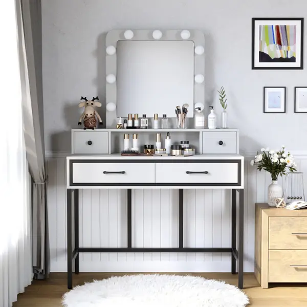 Vanity Desk with Mirror and Lights, Makeup Vanity Desk with 3 Color Dimmable Lighted Hollywood Mirror, Brown Makeup Table with 4 Drawers, Large Dressing Table for Women Girls