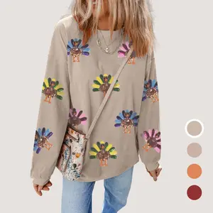 Women's Sequin Turkey Graphic Corded Drop Shoulder Thanksgiving Day Baggy Sweatshirt, Glitter Christmas Fashion Pattern Festive PulloverokOr