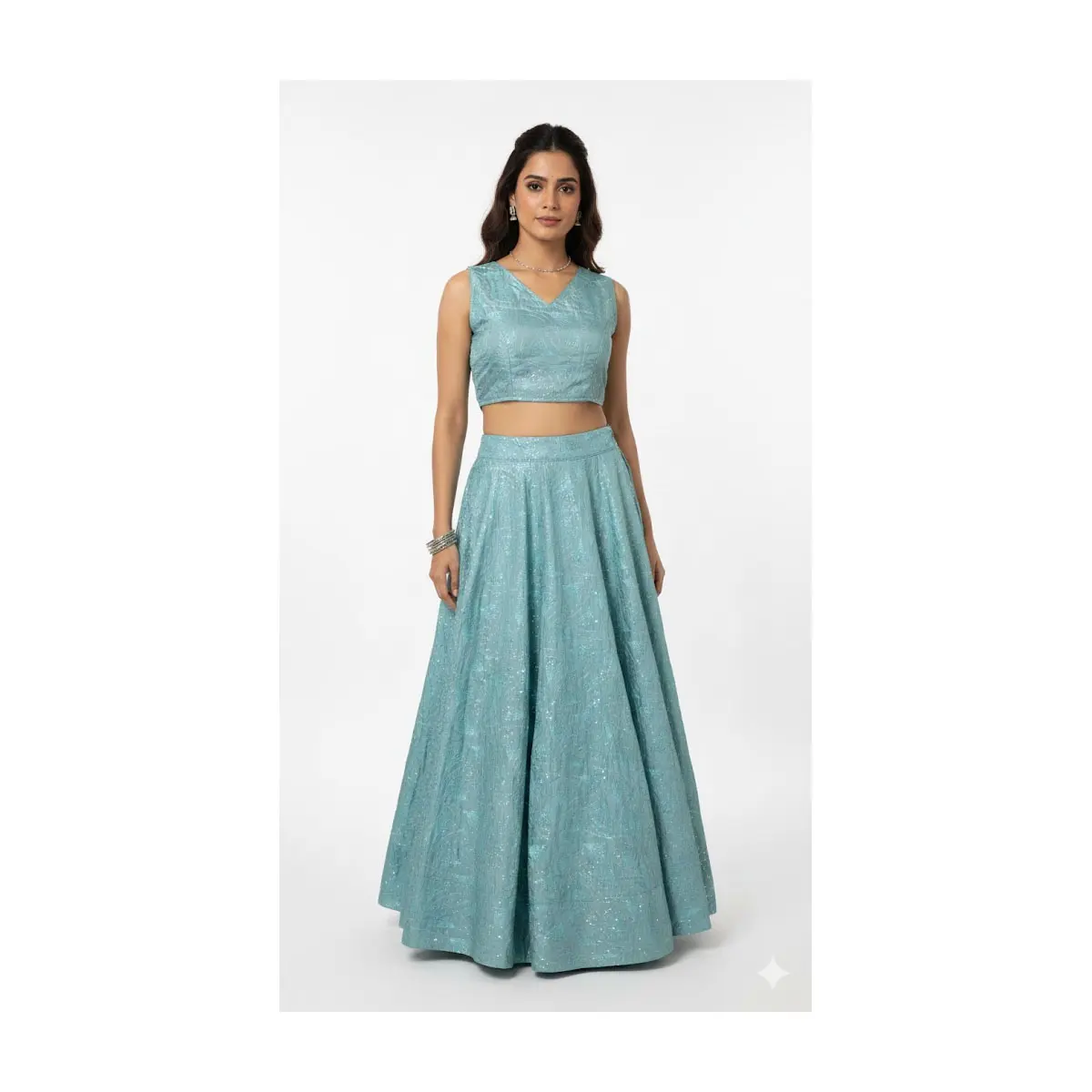 K17 Light Blue Grid silk/Nylon Asymmetrical Lehenga Choli (Unstitched sleeve attached) Set