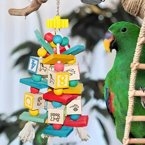 Parrot Toy Bird Supplies, Colorful Number Wooden Blocks Puzzle, Educational Bird Toy, Random Colors, Pine Wood, China Harvested