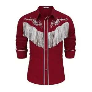 Men's Western Cowboy Tassel Long Sleeve Casual Button Shirt, Cotton, Street Style, Spring and Autumn