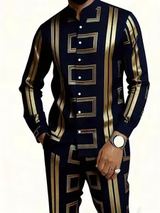 Men's fashion two-piece casual set: long sleeved smooth shirt and long pants multi-color, Striped stand up collar set, suitable for parties and wedding occasions, suitable for spring, summer, autumn wear, multifunctional, Casual Outfit Set