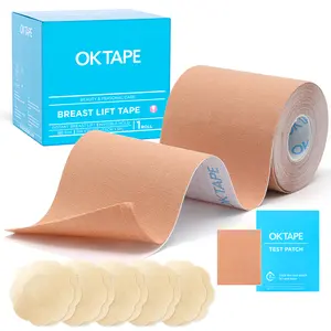 OK TAPE Breast Lift Tape for Large Breasts, 5 Pairs Nipple Cover Set, Breathable Invisible Body Tape for A-G Cup, 2''&3" x 16.4ft for All Skin Tones