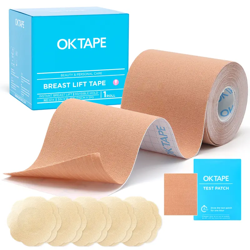 OK TAPE Breast Lift Tape for Large Breasts, 5 Pairs Nipple Cover Set, Breathable Invisible Body Tape for A-G Cup, 2''&3" x 16.4ft for All Skin Tones