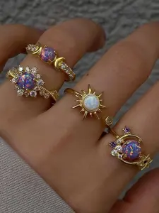 4pcs New Year Good Luck Blessing Jewelry, Star Moon Ring Set, Retro Court Style, Best Friend Couple Matching Bands, Occult Gift, Stacking Rings