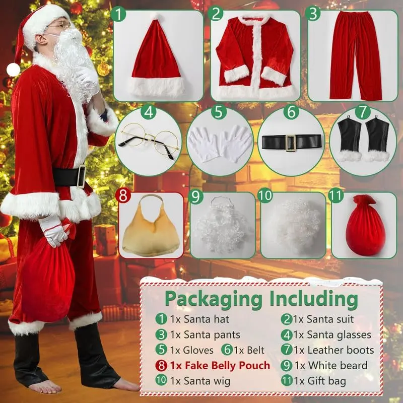 Santa Costume Suit for Men Adults with Fake Belly Pouch,11PCS Claus Set Deluxe Velvet Professional Christmas Suits Red