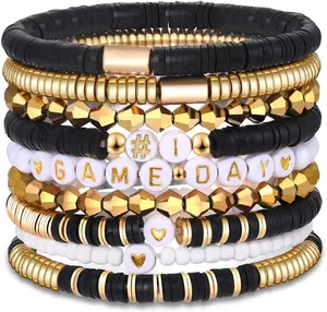 9 Pack Game Day Bracelets for Women Stackable Heishi Beaded Stretch Bracelet Football Sport Fan Bracelet Sports Game Team Jewelry Accessories Gifts