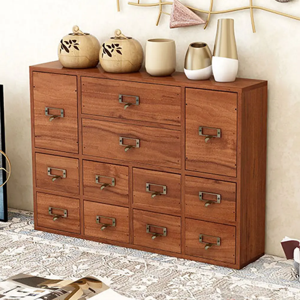 Wooden Apothecary Cabinet - 12-Drawer Space-Saving Tabletop Home Organizer (19.69x3.94x13.78 in) with Label Slots, Metal Handles, Bedroom Organization Furniture for Bathroom Storage