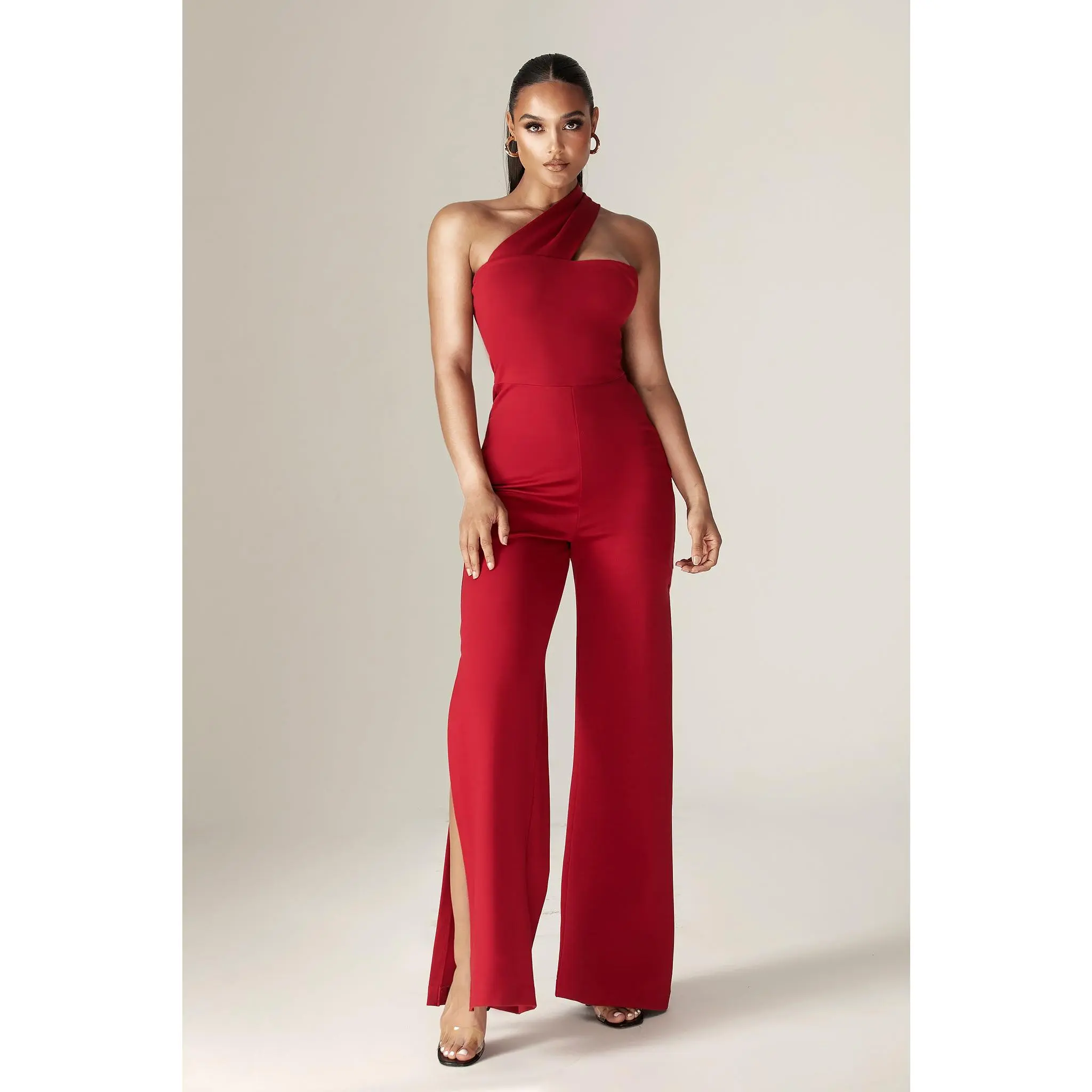 Hana Modern Asymmetrical Cutout Jumpsuit - Maroon | One Shoulder Jumpsuit with High Slit Pant Design for Women - Stretchy Slim-Fit - Elegant Stylish Sleeveless Outfit for Date Nights, Club Party, Evening & Formal Wear -Womenswear Fashion Clothing