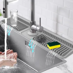 24 / 17.7 / 14.6-Inch Kitchen Sink Splash Guard Mat | 7° Slope for Fast Self-Draining | Snap-Lock Design | Universal & Cuttable Silicone Faucet Mat （Gray）