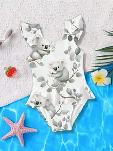 Adorable Koala Printed Jumpsuit Swimsuit for Girls, Cute Cartoon Swimwear for Babies, Essential Summer Cooling Swimsuit