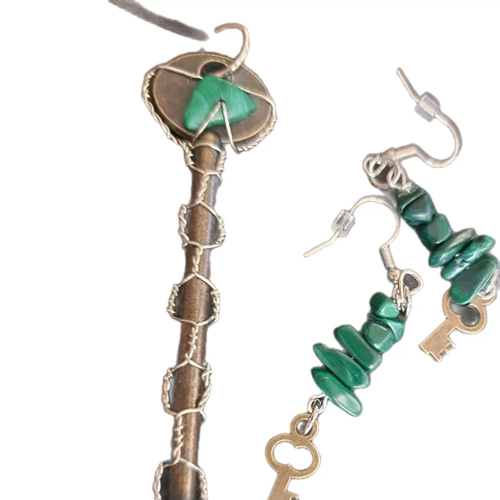 Malachite Growth Necklace and Earrings Set with Key Charms and Natural Malachite Accents